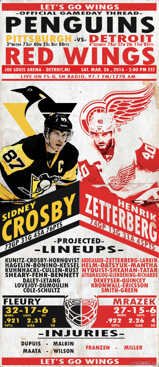 3/26 GDT : Pittsburgh Penguins at Detroit Red Wings, 2:00 PM ET